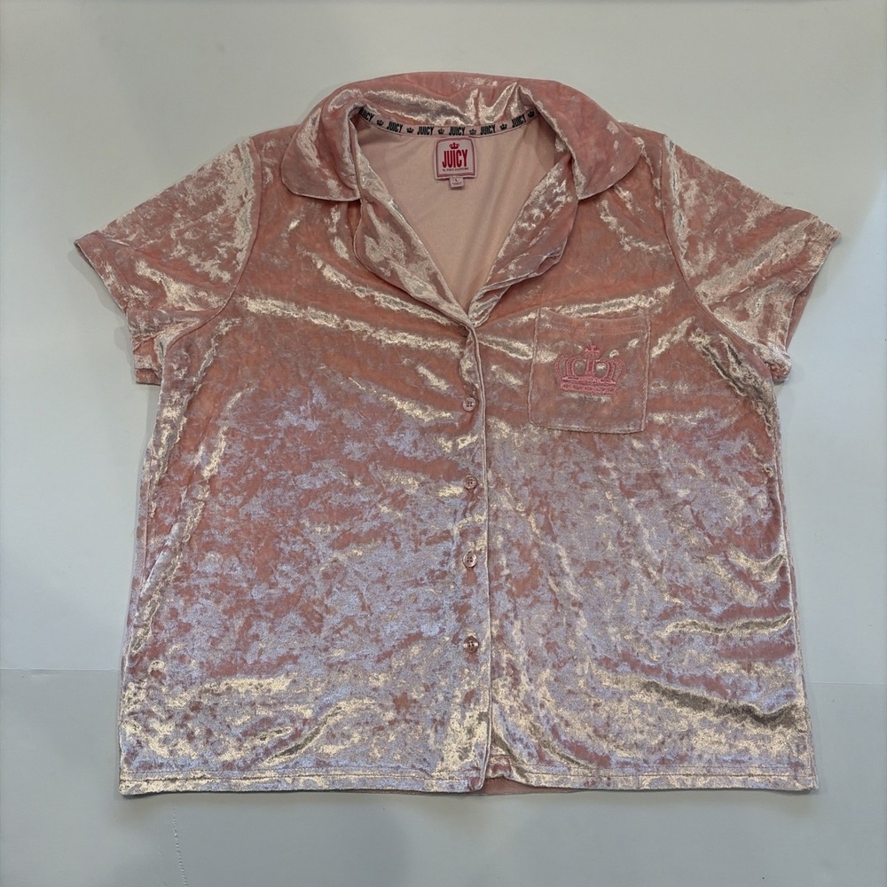 Womens Juicy Couture pink velour short sleeve button up top‎ Size  Large - Picture 5 of 12